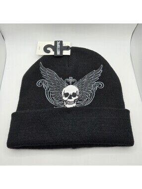 Hot Topic Beanie Y2K Grunge Skull Wings Cross Black Punk NWT